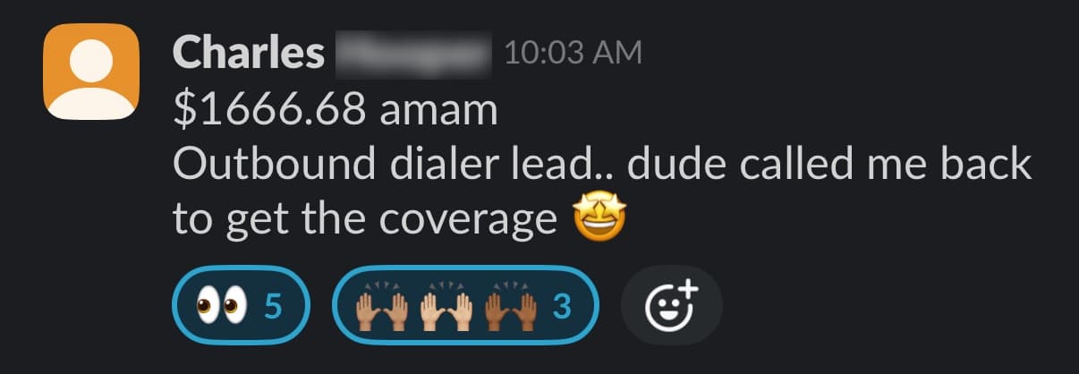 Charles: $1,666.68 policy — the client called back to get covered